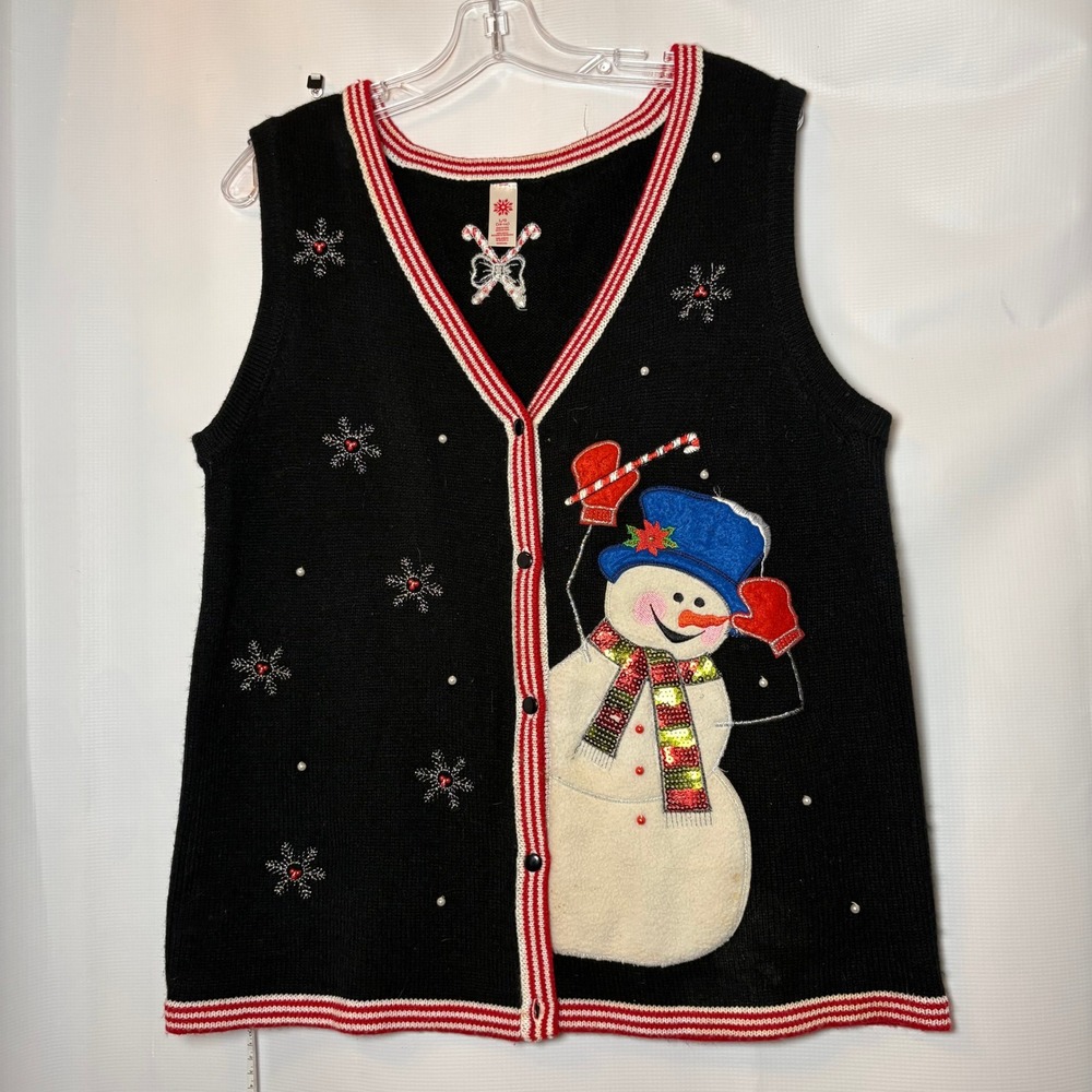 Womens Ugly Christmas Sweater Vest Snowman Candy Cane Snowflake Holiday‎ Knit L